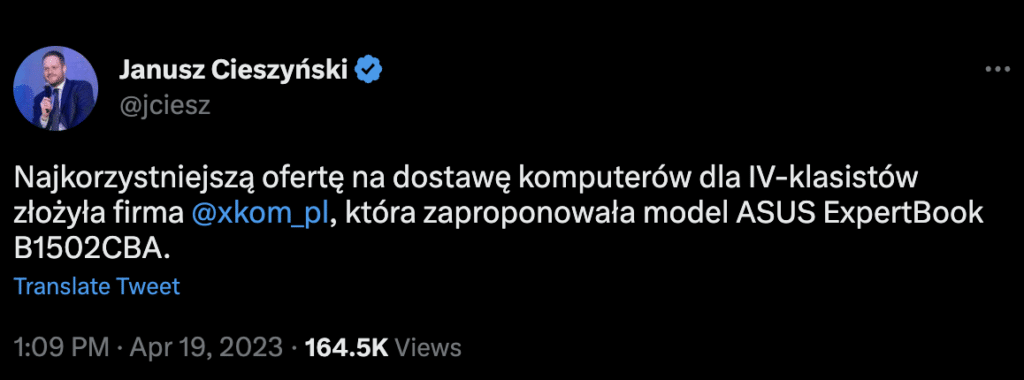 tweet Janusza Cieszyńskiego w temacie laptopów dla czwartoklasistów